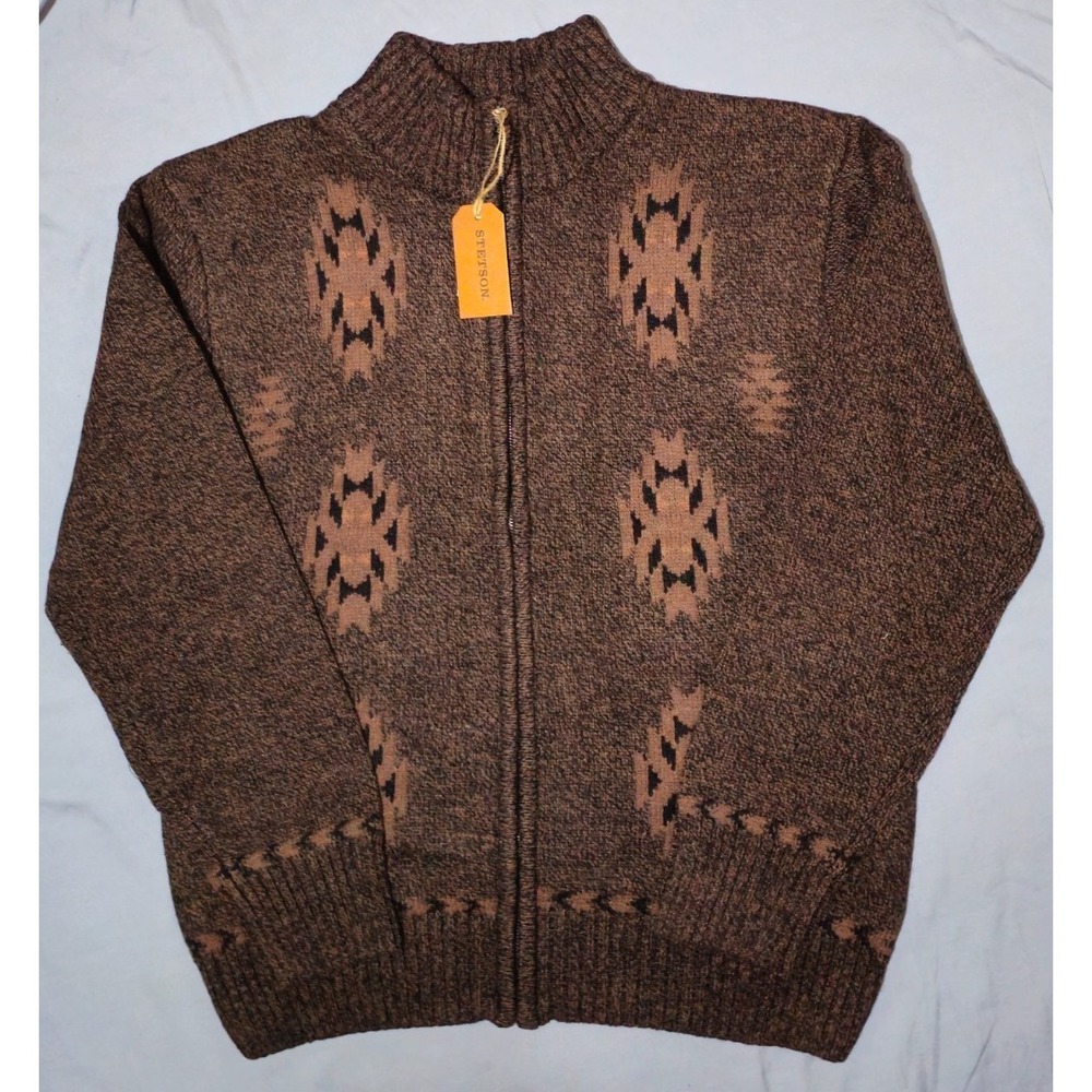 Stetson Mens Full Zip Brown Cotton/Wool Vertical Aztec Pattern Cardigan Sz XXL‎